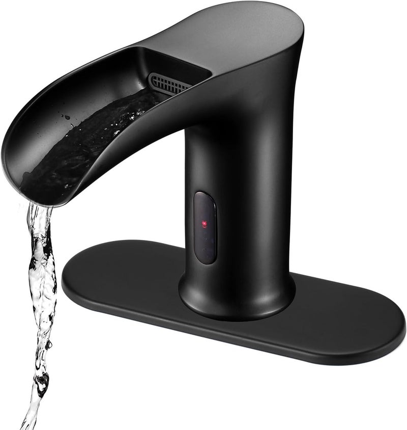 CDLODIN Automatic Sensor Touchless Waterfall Bathroom Sink Faucet, Modern Electronic Sensor Lavatory Faucet, Matte Black Hands Free Vanity Faucets with Control Box and Temperature Mixer - Image 1